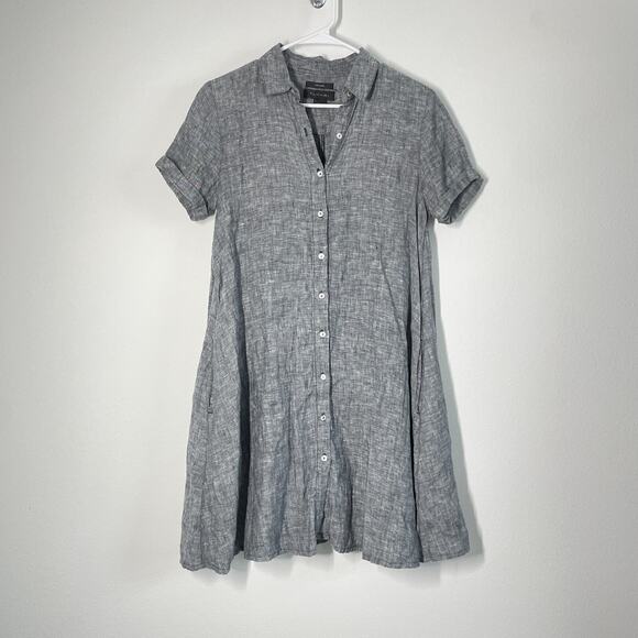 Tahari Dress Women XS Gray Linen Button Down Collared Mini Pockets Classic - Picture 1 of 8